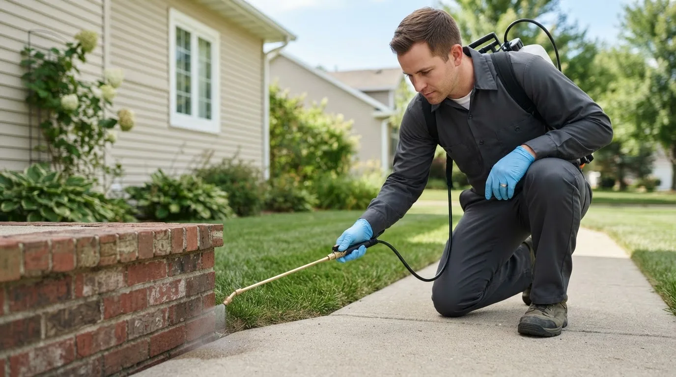 Pest control technician treating a home near Albany, VT